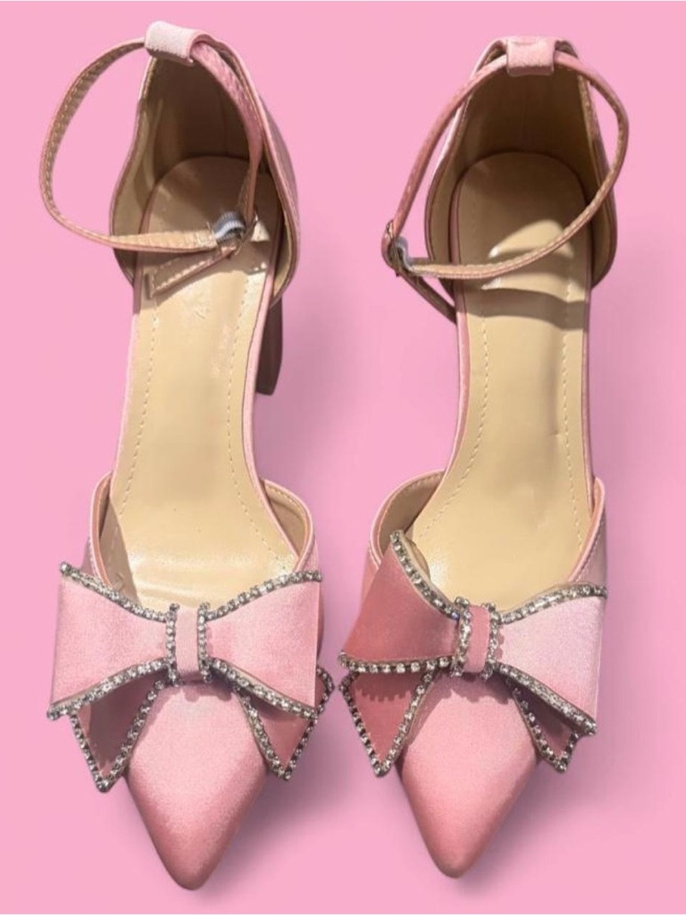 Women’s Pink Satin Bow Ankle-Strap Pointed-Toe Heels - Picture 2 of 5